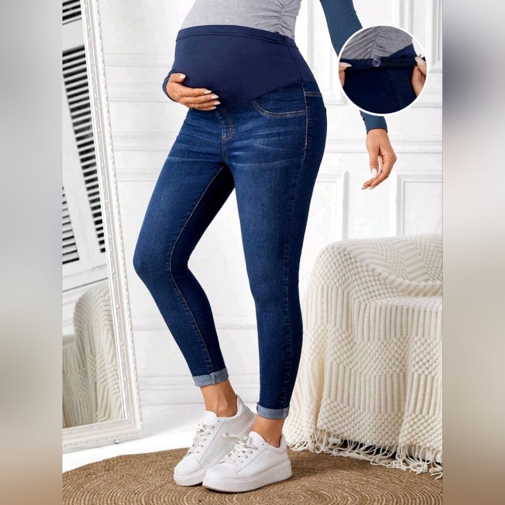 Shein maternity casual adjustable waist slim fit jeans cuffed denim ankle length
